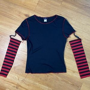 Black and red trim mesh top with clip on striped sleeves